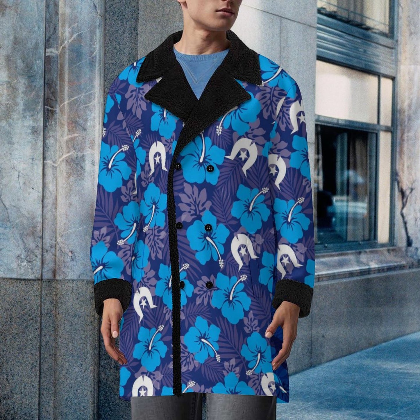 Hibiscus flowers with White Dhari (Royal blue) on Men's Double Breasted Coat