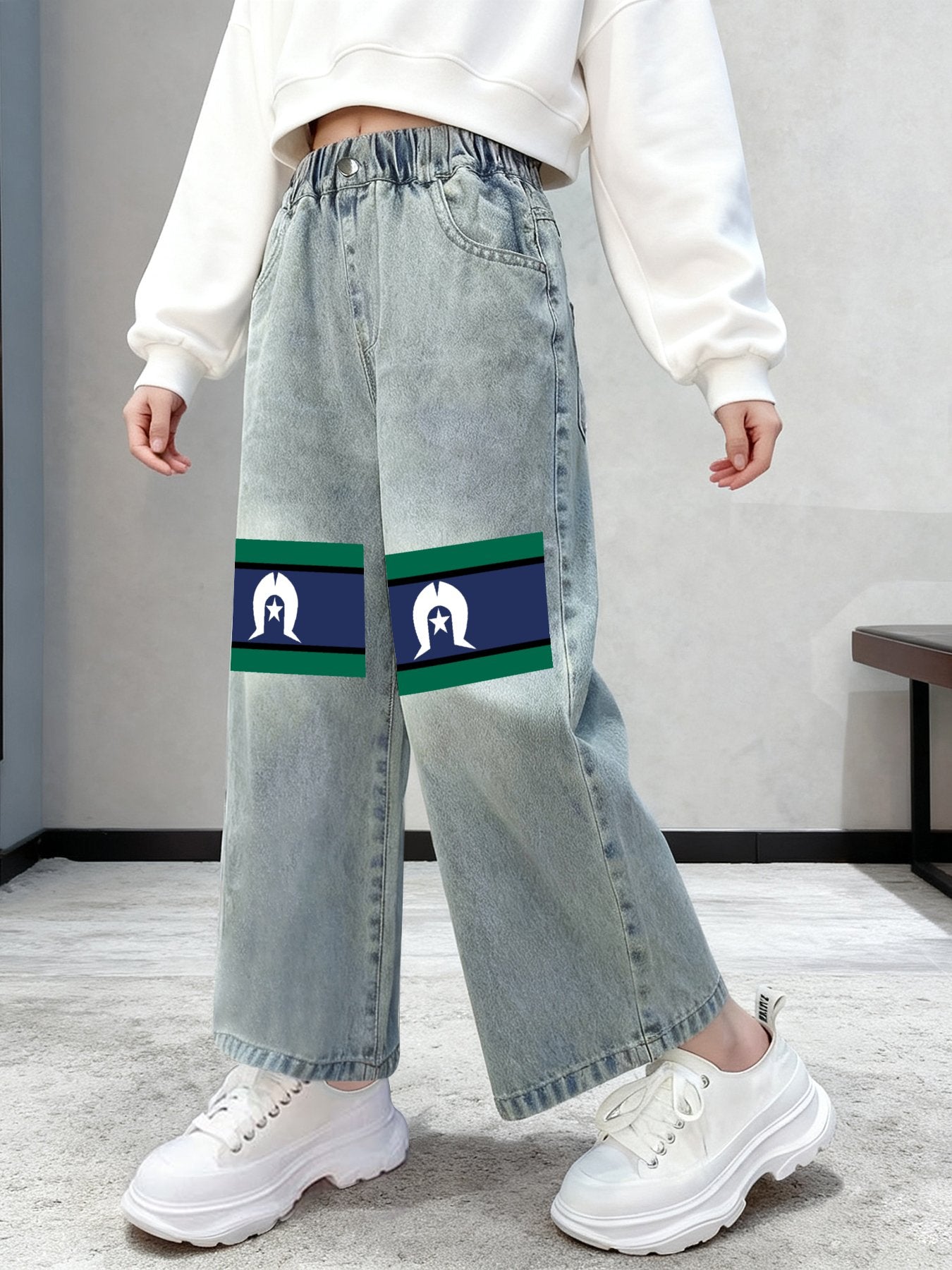 Torres Strait flag on Children's Cropped Jeans