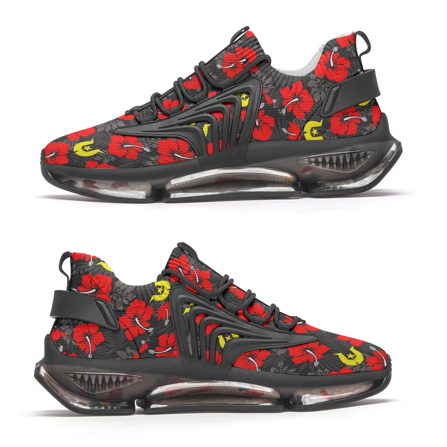 Royal Red Hibiscus with Yellow Dhari on Unisex Low Top Mesh Sneakers