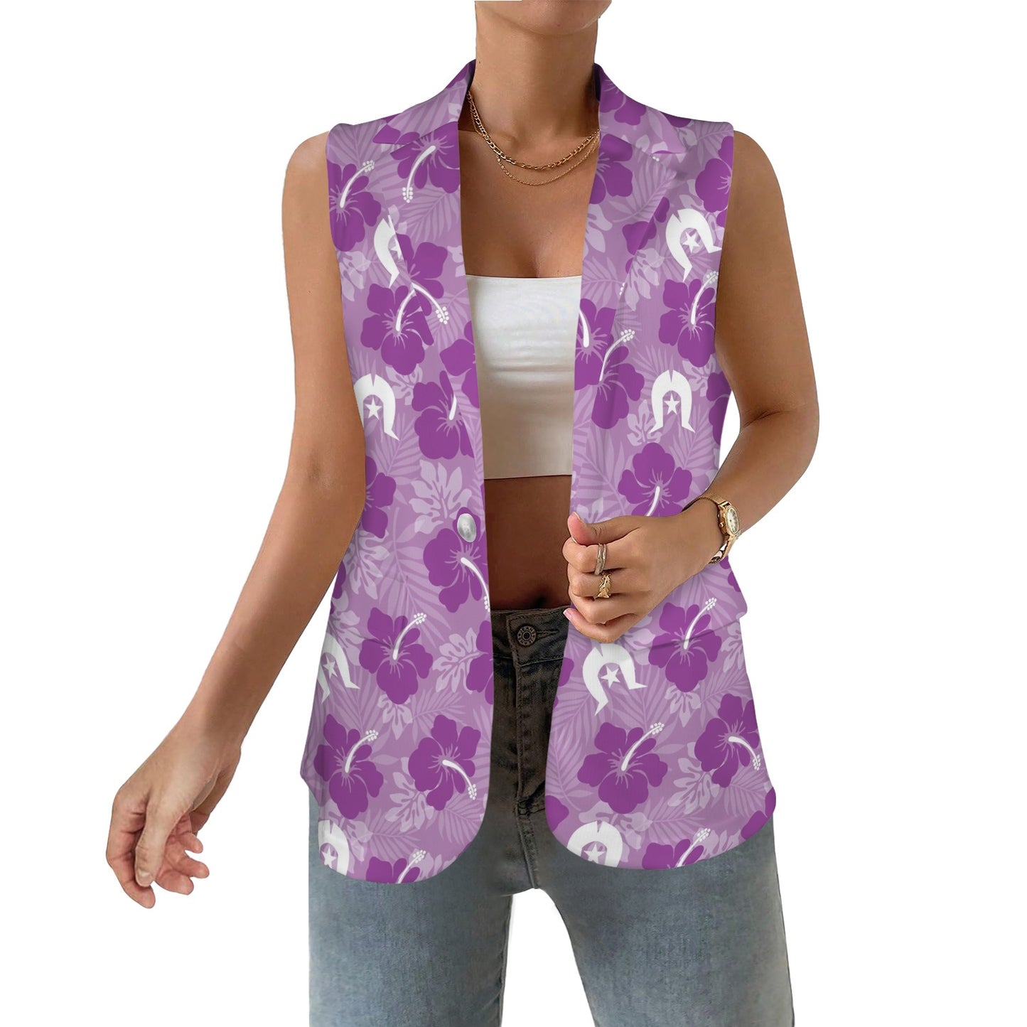 Hibiscus flowers with Dhari (Royal purple) on Women Sleeveless Suit Vest