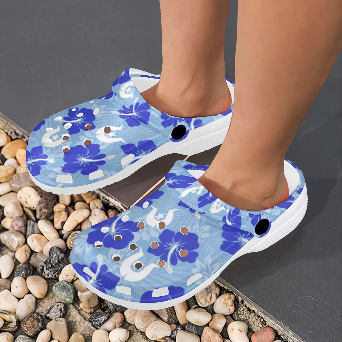 Hibiscus flowers with White Dhari (Sky blue) on Adults Clogs