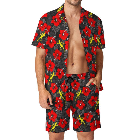 Royal Red Hibiscus flowers with Gecko on Hawaiian Suits for Men