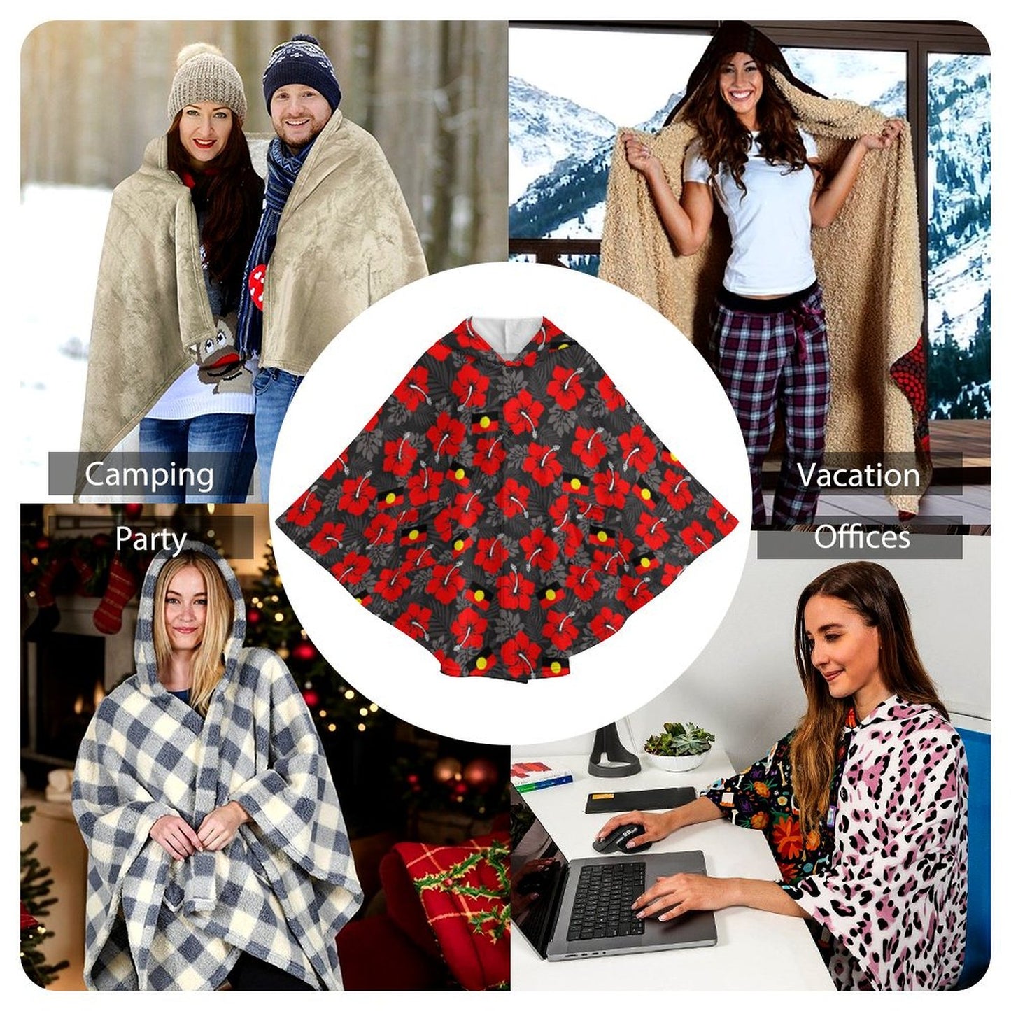 Royal Red Hibiscus and heart shaped Aboriginal flag on Fleece Hooded Cape for Adults