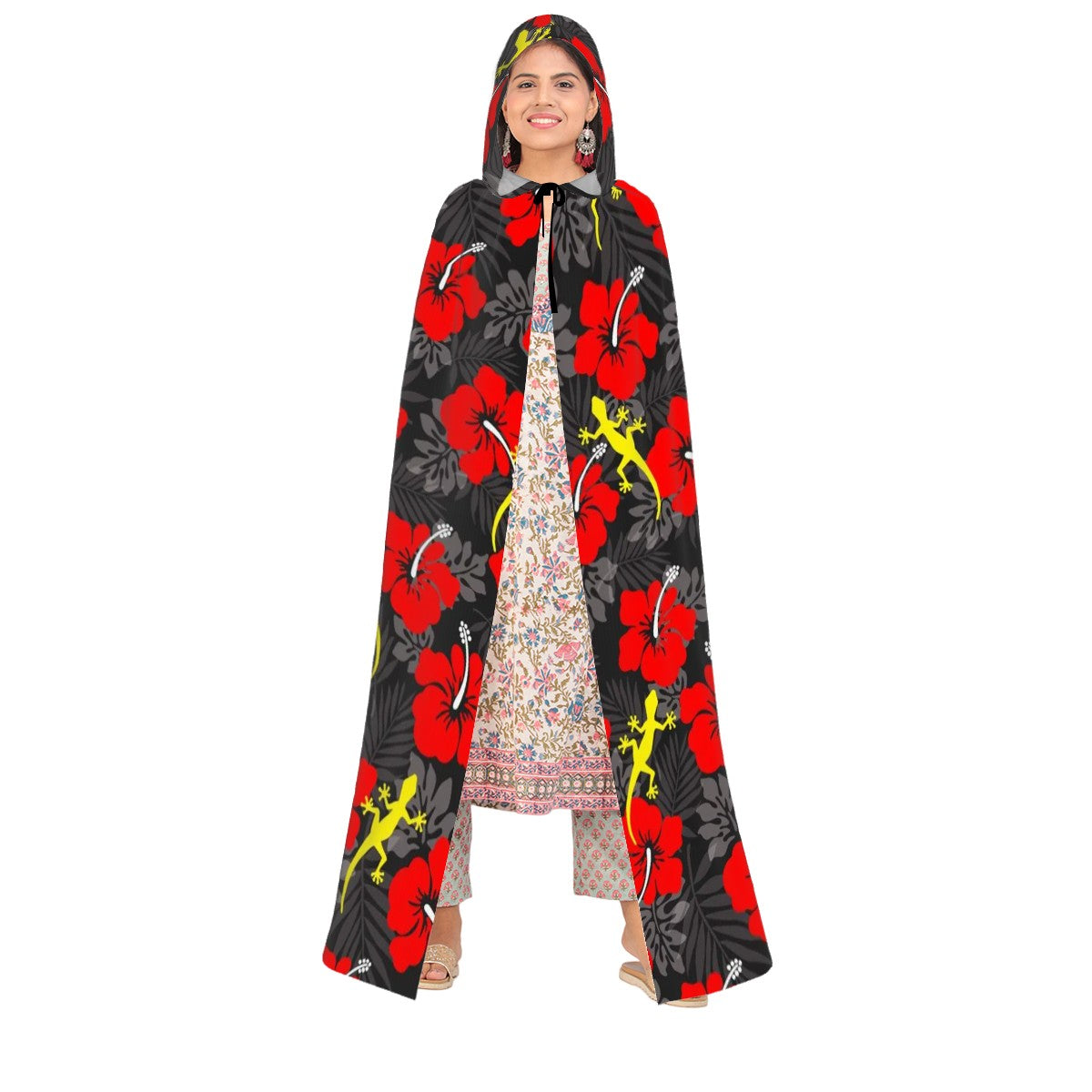 Royal Red Hibiscus flowers with Gecko on Hooded Cloak