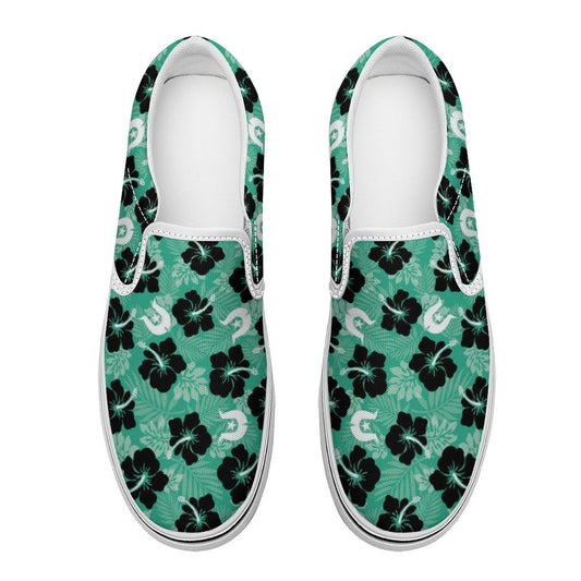 Black Hibiscus with White Dhari on Canvas Shoes for Teenagers