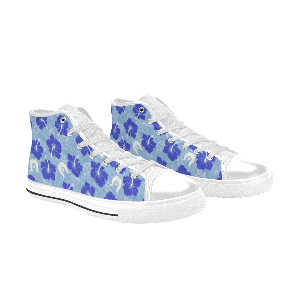 Hibiscus flowers with White Dhari (Sky blue) on Women's High Top Canvas Shoes