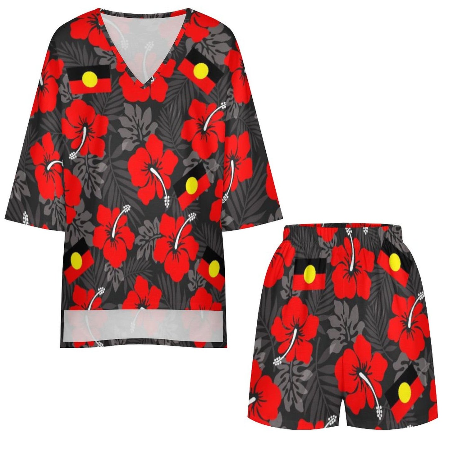 Royal Red Hibiscus flowers with Aboriginal flag on Mediterranean Style V-Neck Suit