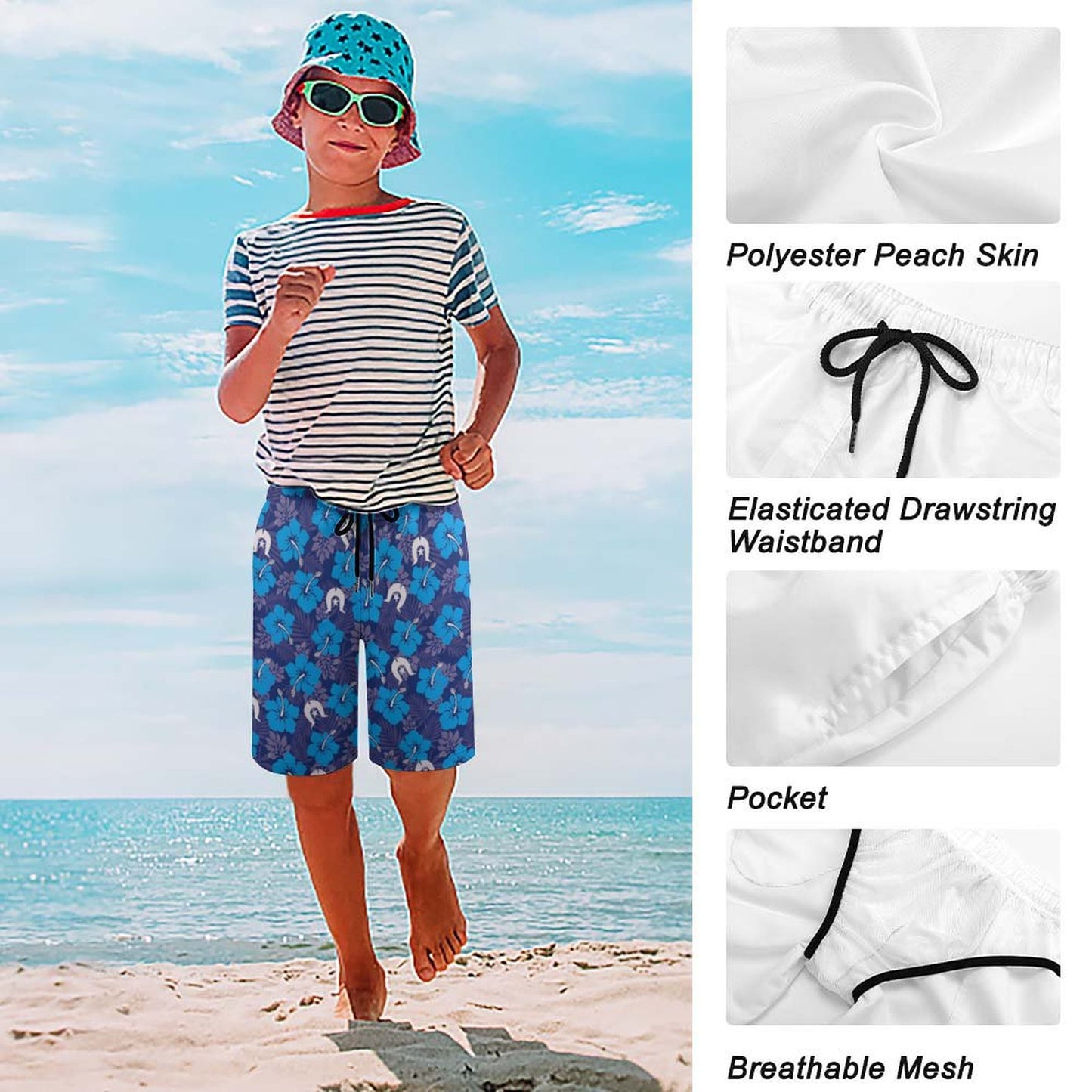Hibiscus flowers with White Dhari (Royal blue) on Kid's Beach Pants