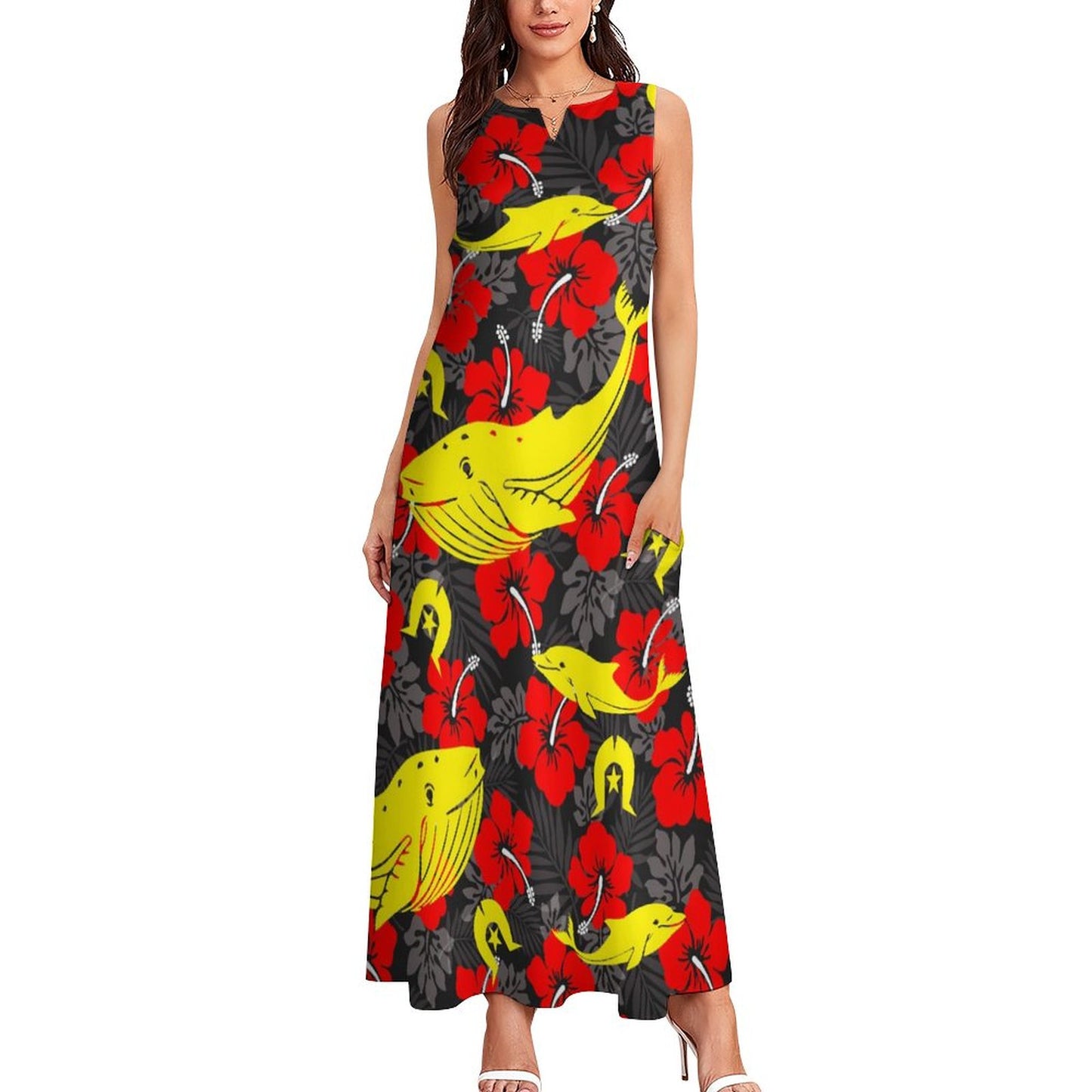 Royal Red Hibiscus with Yellow Dhari, Whale and Dolphin on Sleeveless Ankle-length Dress