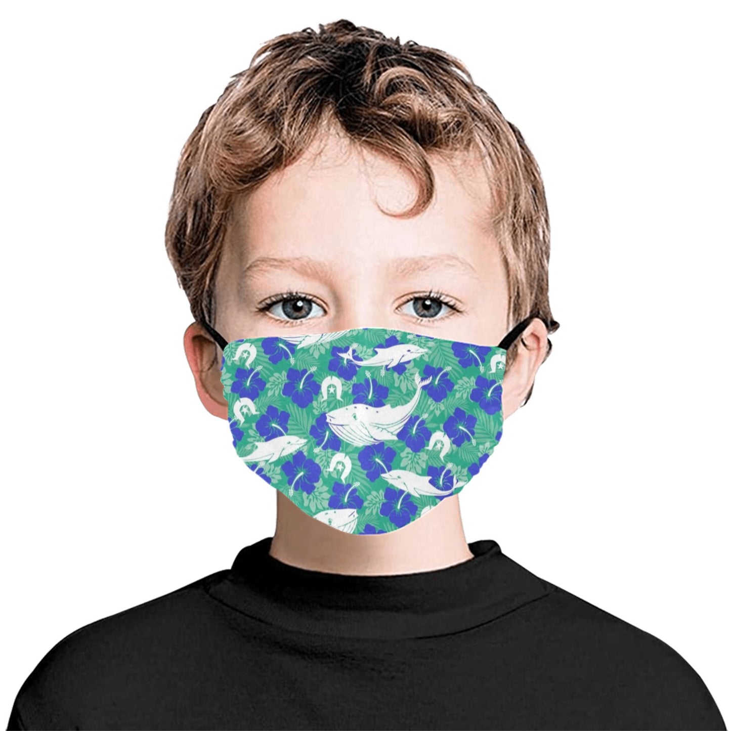 Royal Blue Hibiscus flowers with Whale, Dolphin and Dhari on Cotton Facemask Cover with Adjustable Strip (ModelM07)(Made In AUS)