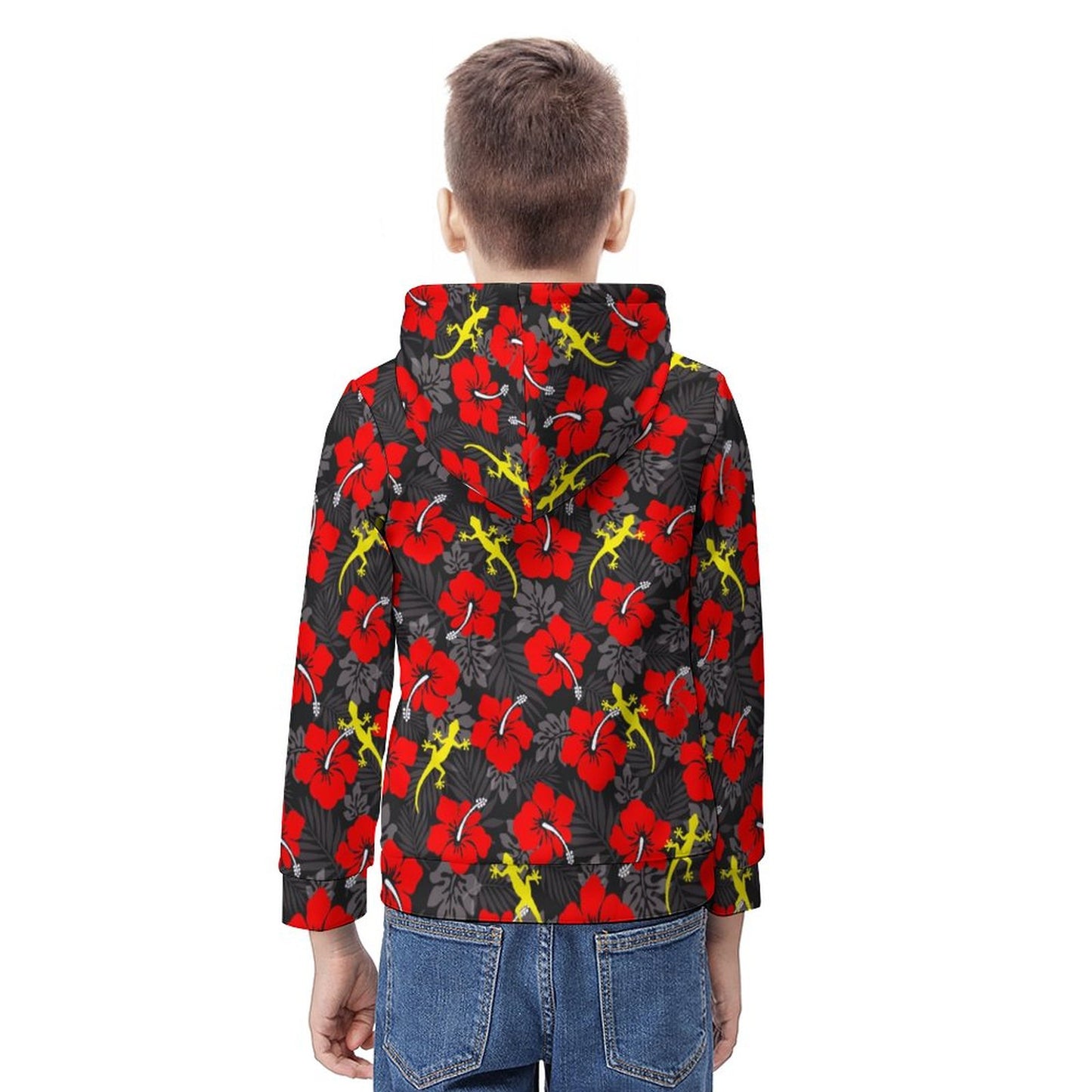 Royal Red Hibiscus flowers with Gecko on Youth's Hoodie