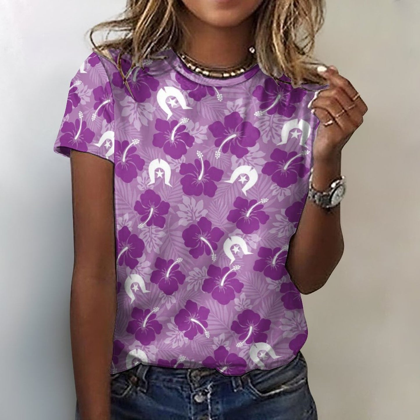 Hibiscus flowers with Dhari (Royal purple) on Cotton Summer Short Sleeve T-Shirts for Women