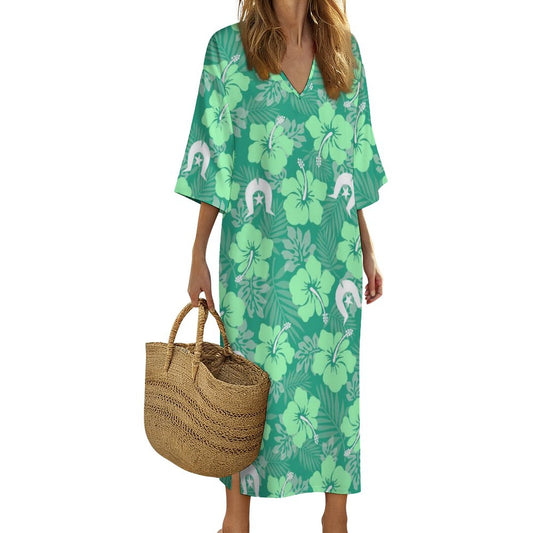 Hibiscus flowers with Dhari (Royal mint) on Mediterranean Style V Neck Mid-Sleeve Robe