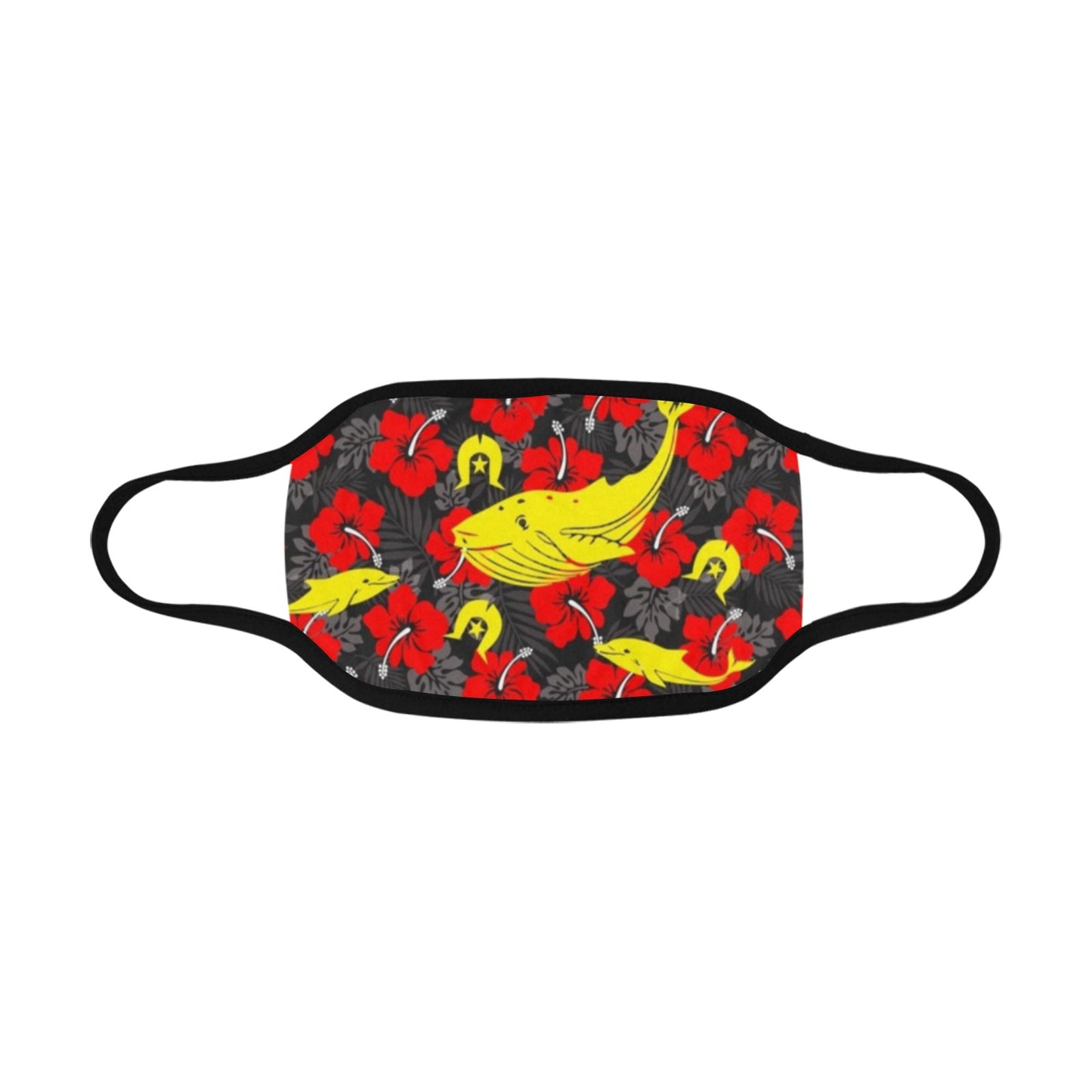 Royal Red Hibiscus with Yellow Dhari, Whale and Dolphin on Fabric facemask (30 PCS Filters Included)