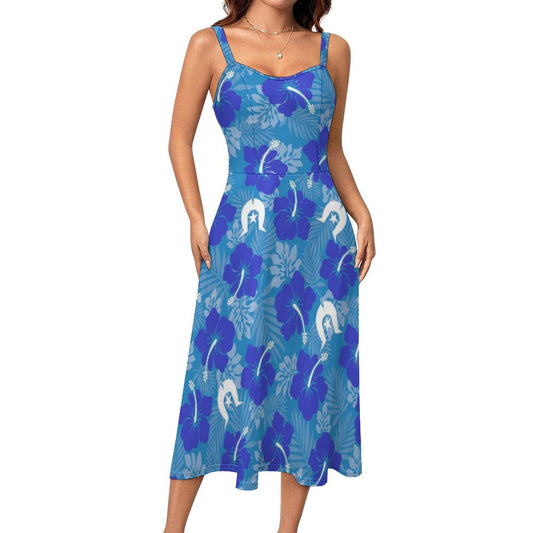 Hibiscus flowers with Dhari (Royal blue) on Midi Spaghetti Strap Dress