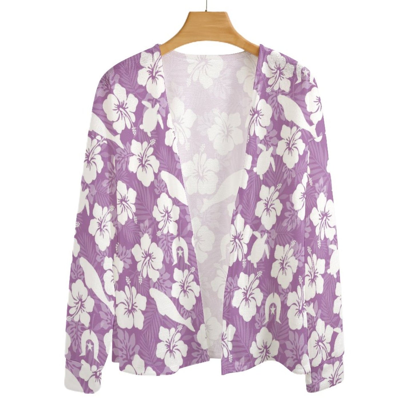 White Hibiscus flowers with Dugong, Turtle and Dhari on Long Sleeve Drop Shoulder Open Shirt