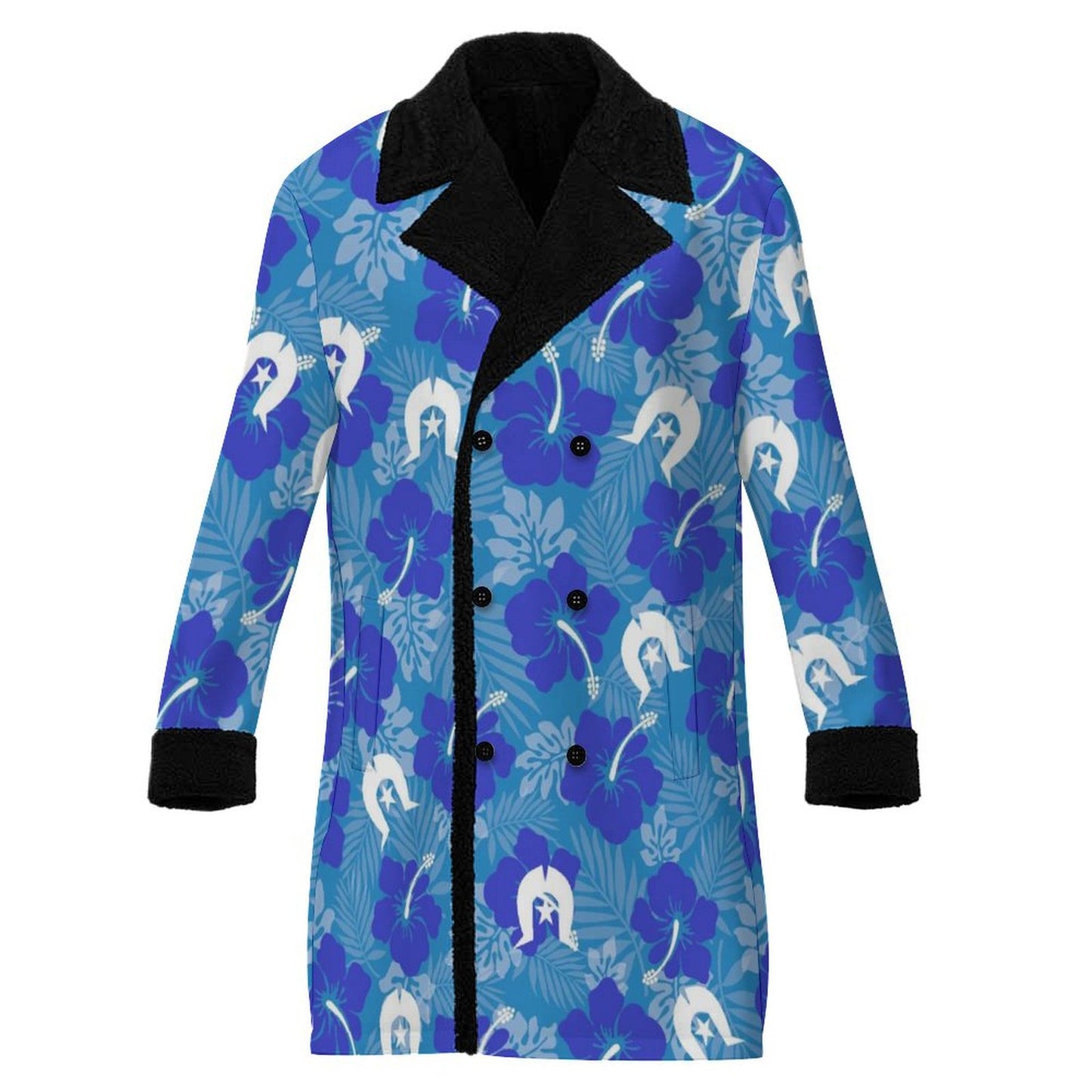 Hibiscus flowers with Dhari (Royal blue) on Men's Double Breasted Coat