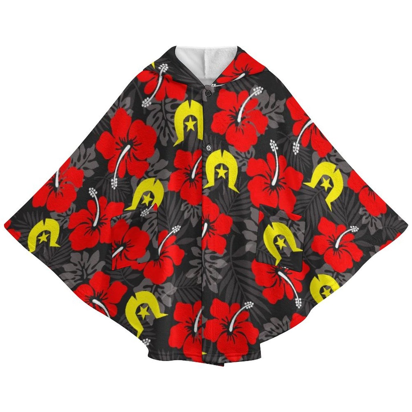 Royal Red Hibiscus with Yellow Dhari on Fleece Hooded Cape for Adults