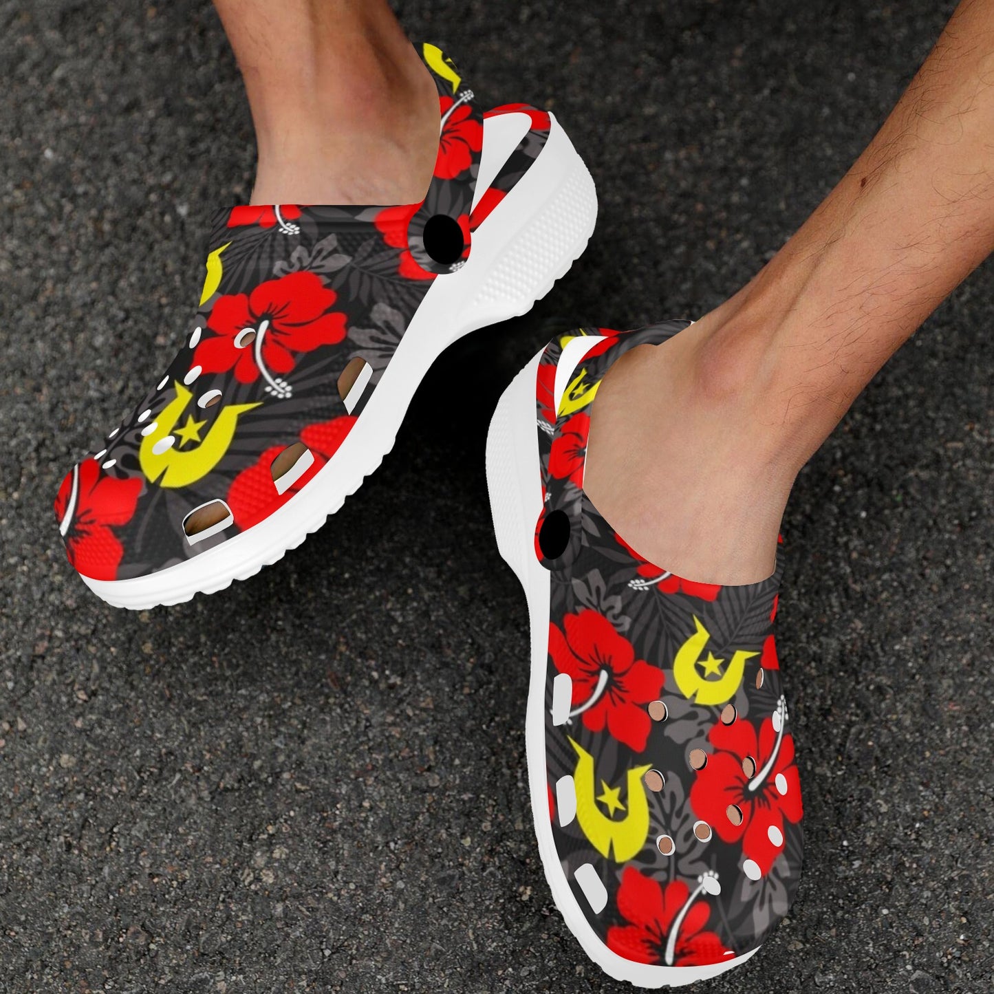 Royal Red Hibiscus with Yellow Dhari on Adults Clogs