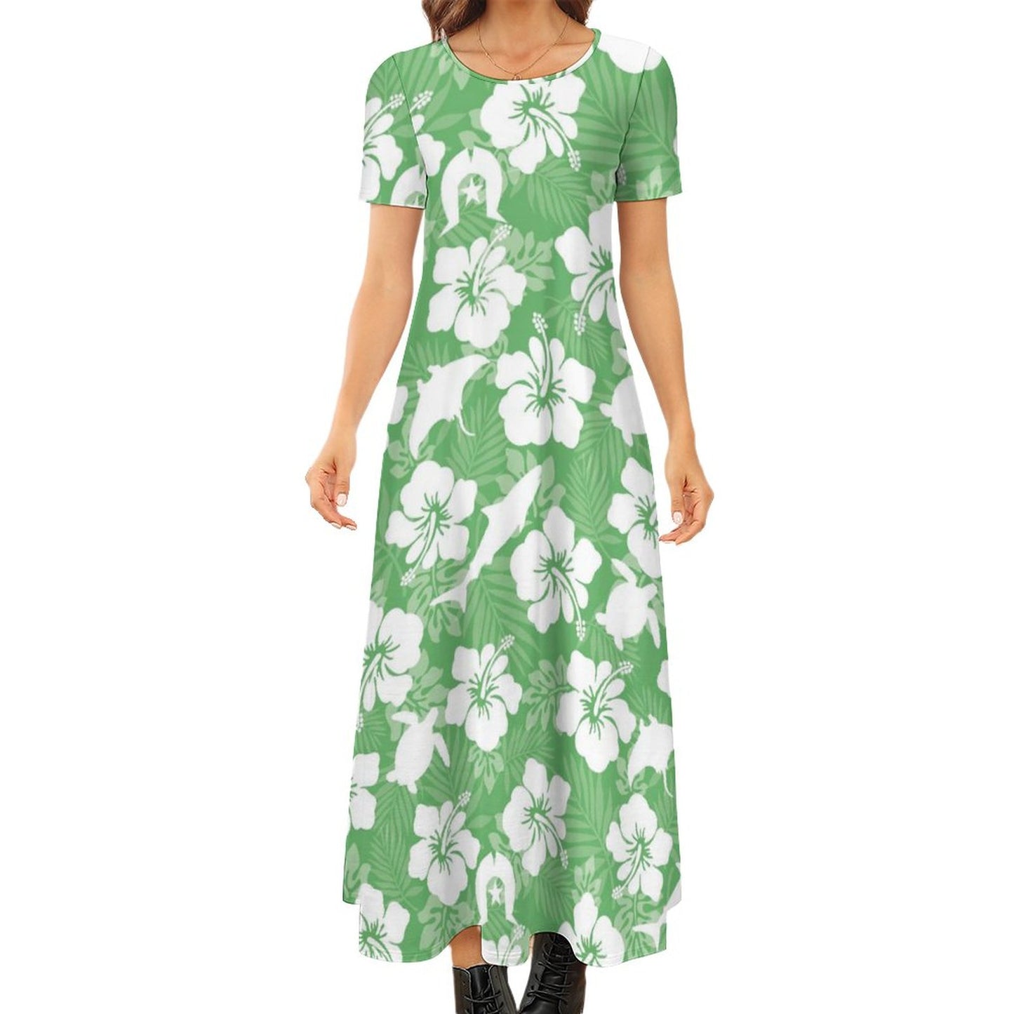 White hibiscus flowers with Dhari, Shark, turtle, and stingray (Green) on Round Neck Short Sleeve Dress