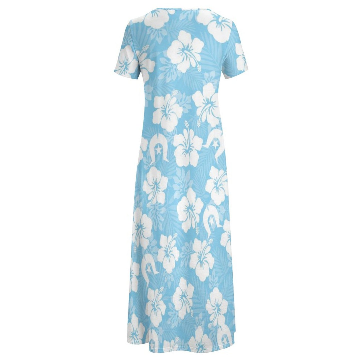 White Hibiscus and Dhari (blue) on Round Neck Short Sleeve Dress