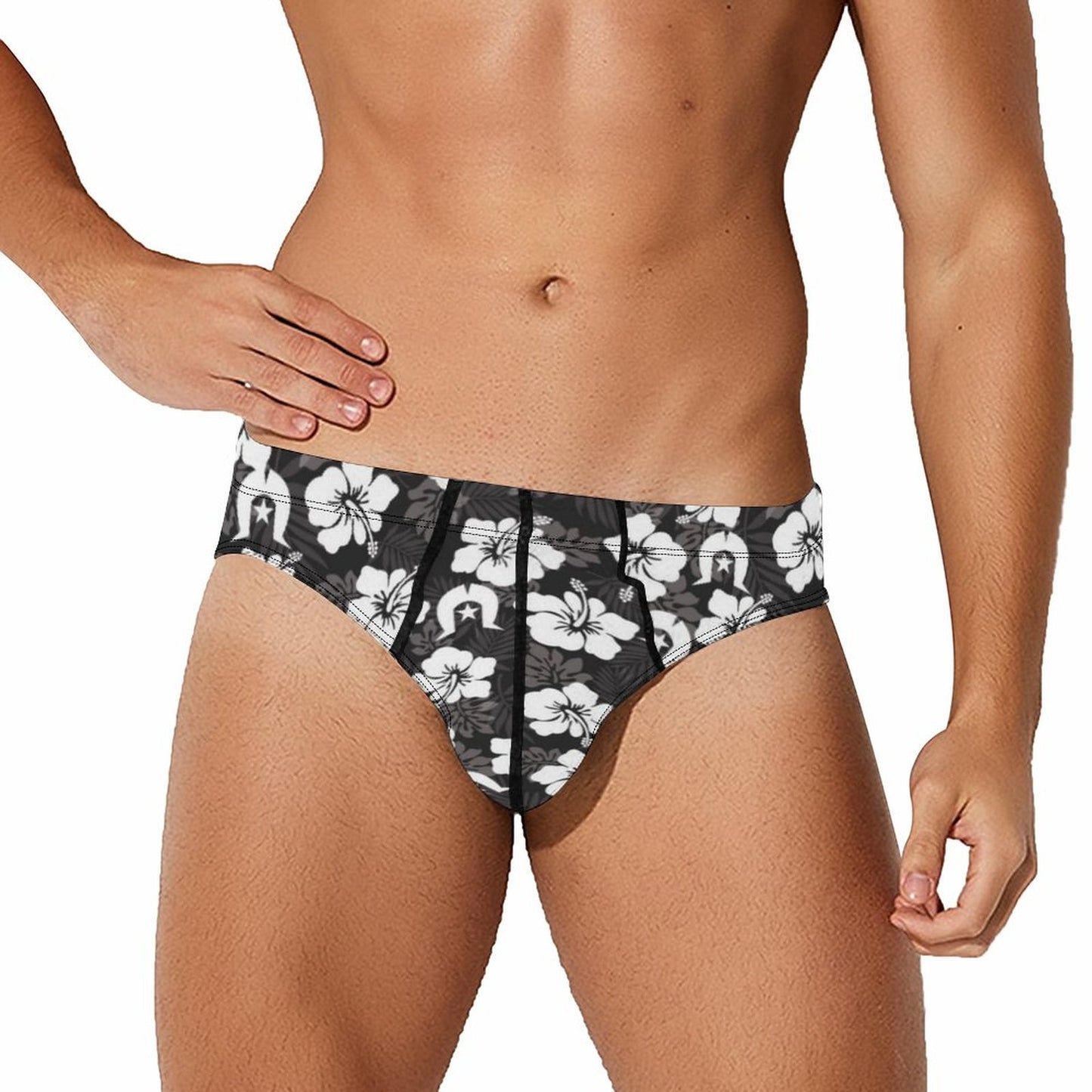 White Hibiscus and Dhari (Black) on Milk Silk Men's Briefs