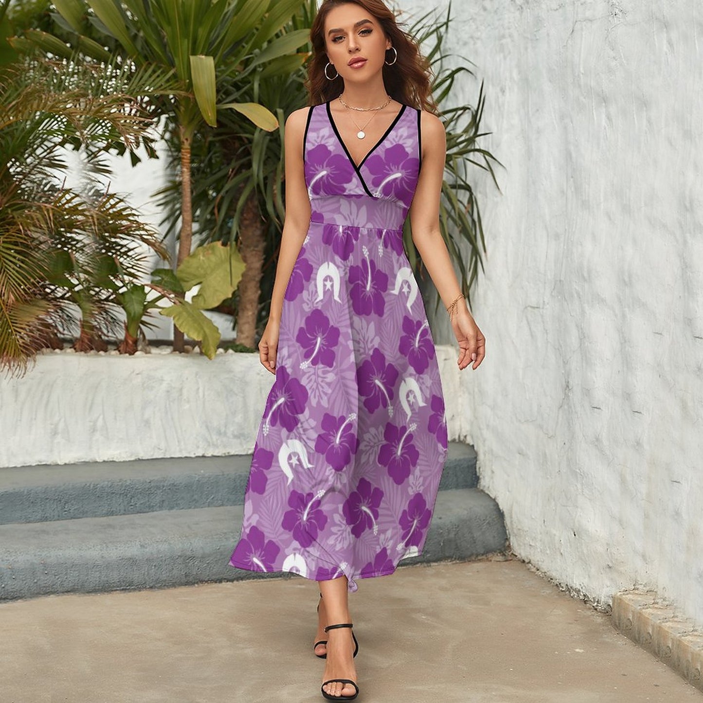 Hibiscus flowers with Dhari (Royal purple) on V Neck Sleeveless Dress