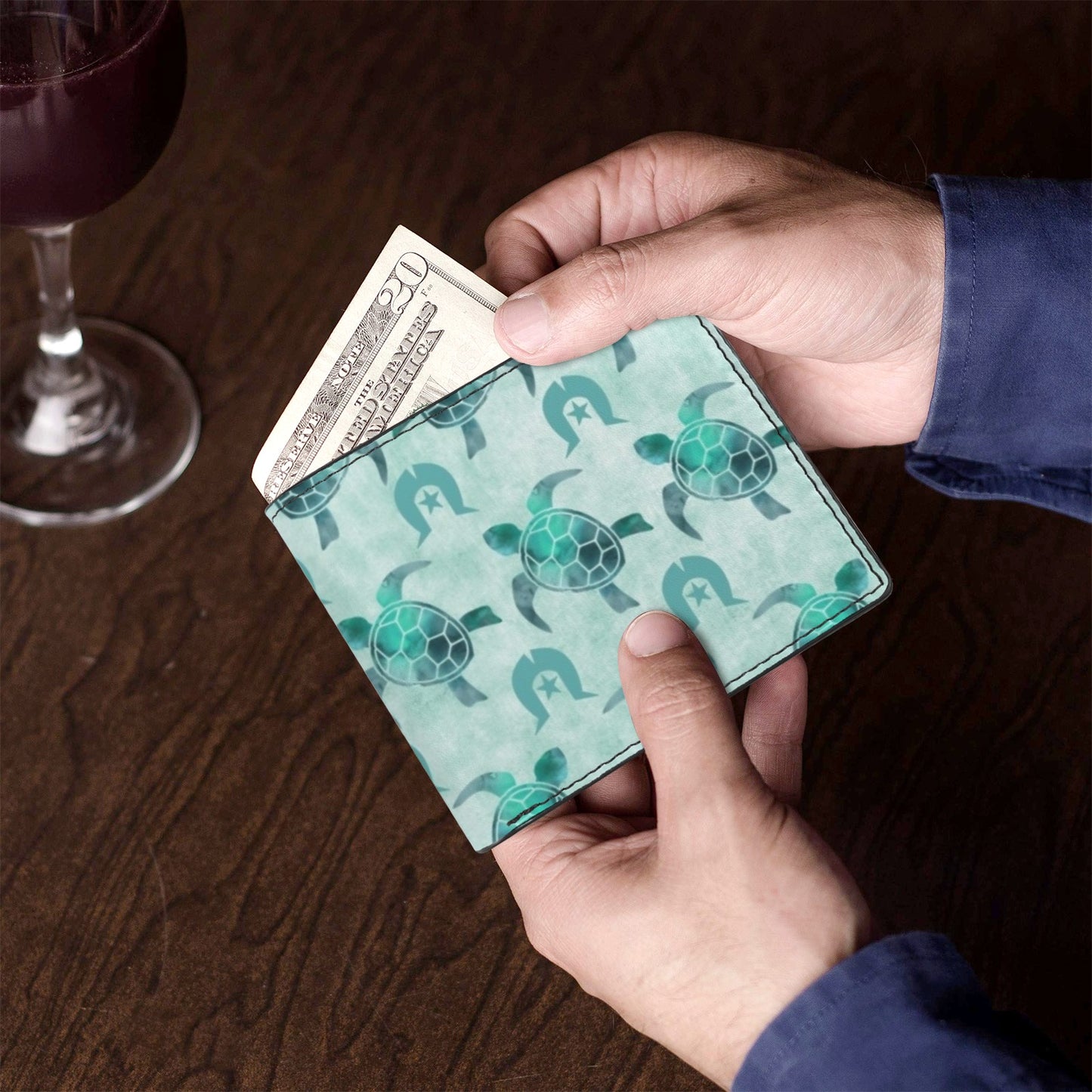 Aqua Turtle Pattern on Men's Bifold Wallet with Multi Slots