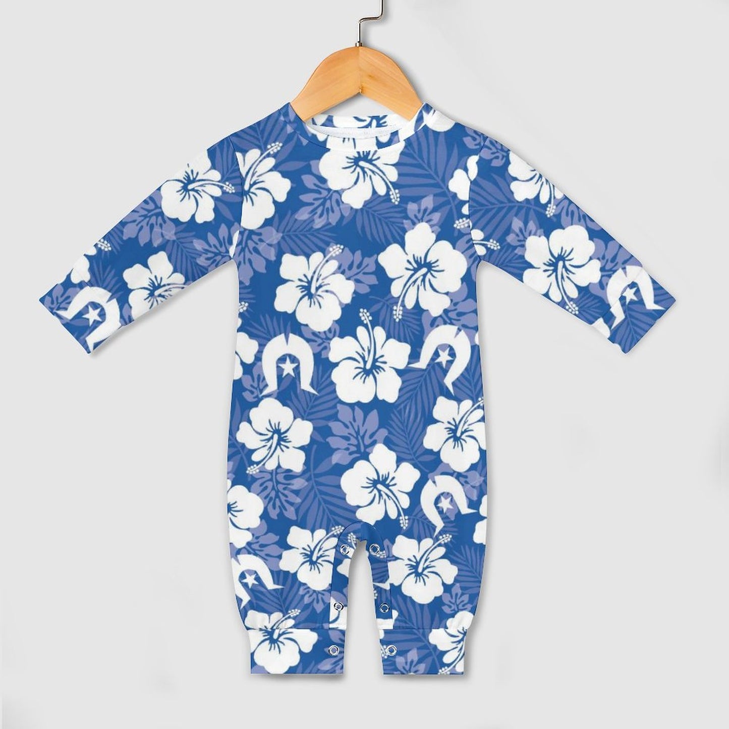 White Hibiscus and Dhari (Blue) on Baby Romper