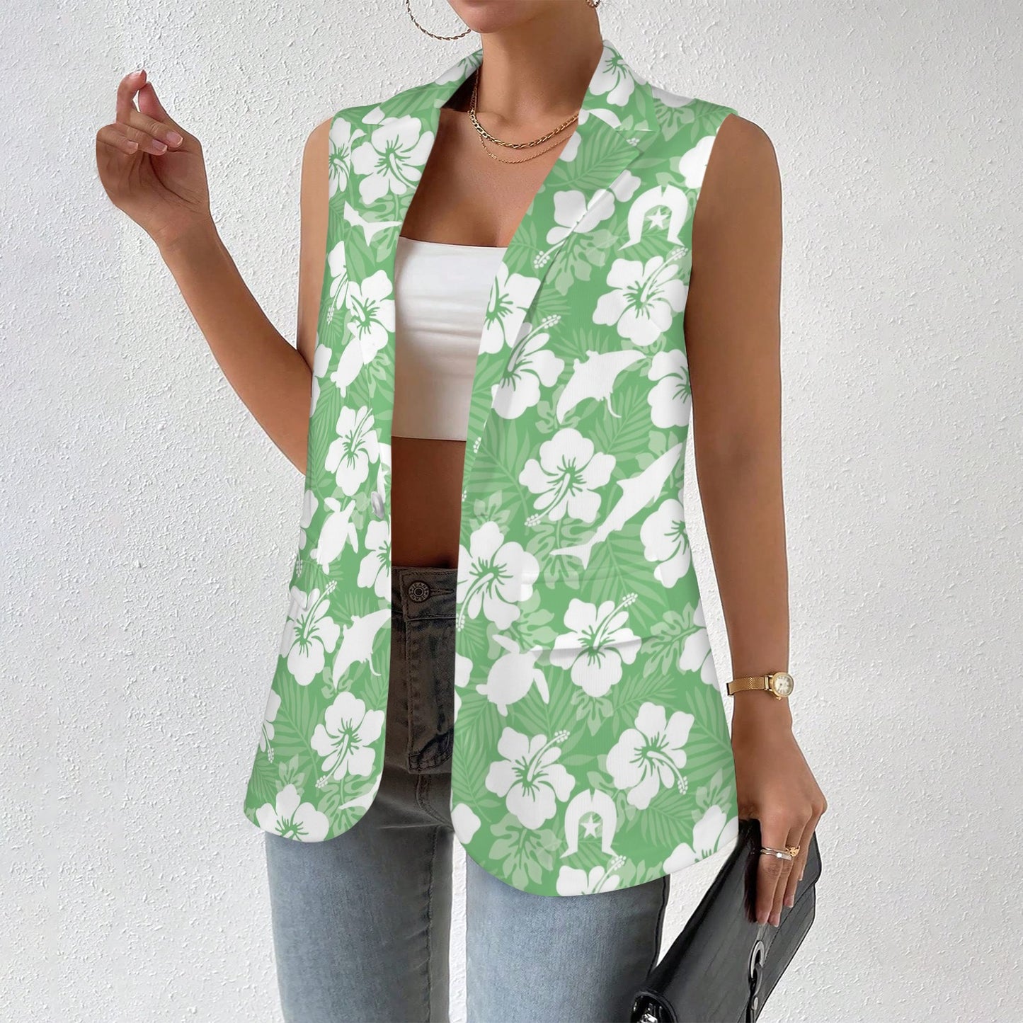 White hibiscus flowers with Dhari, Shark, turtle, and stingray (Green) on Women Sleeveless Suit Vest
