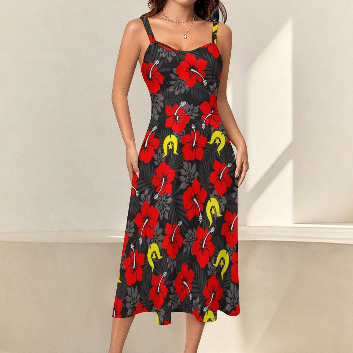 Royal Red Hibiscus with Yellow Dhari on Midi Spaghetti Strap Dress