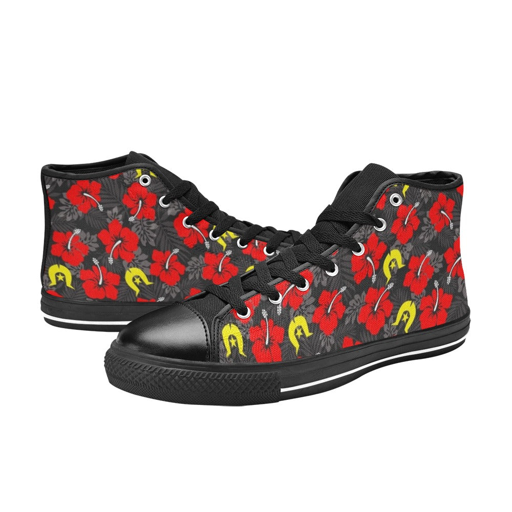 Royal Red Hibiscus with Yellow Dhari on Women's High Top Canvas Shoes