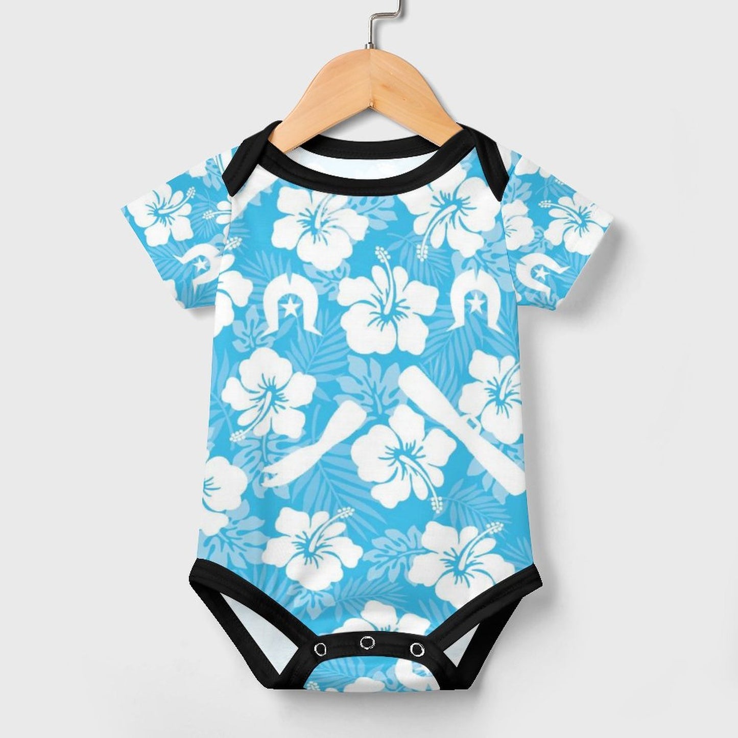 White Hibiscus flowers, Warup and Dhari on Faux Cotton Short Sleeve Baby Romper