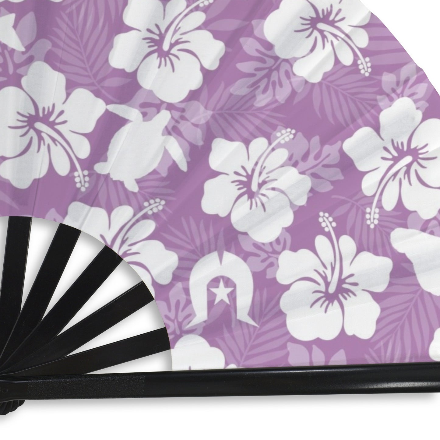 White Hibiscus flowers with Dugong, Turtle and Dhari on Folding Clack Fan