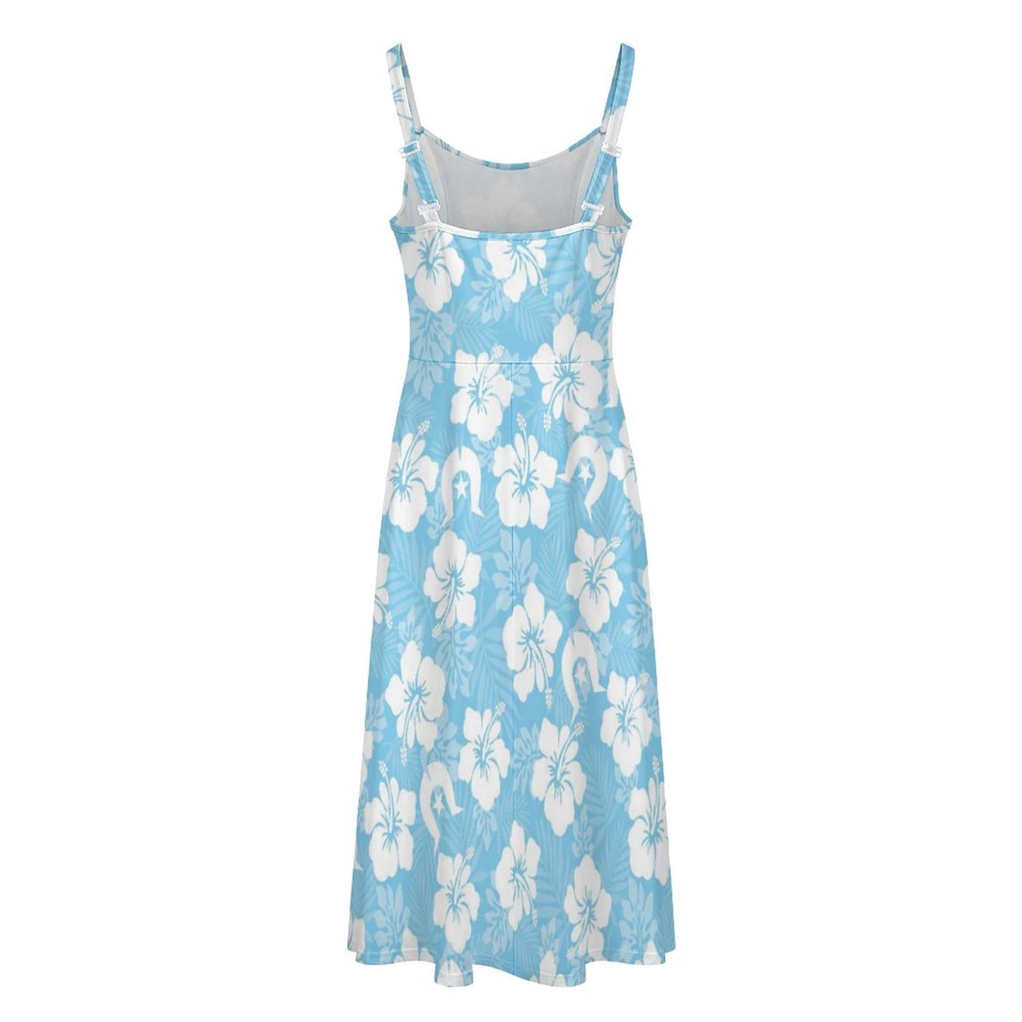 White Hibiscus and Dhari (blue) on Midi Spaghetti Strap Dress