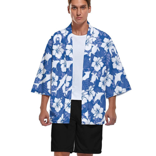 White hibiscus flowers with Dhari, Shark, turtle, and stingray on Drop Shoulder Male Kimono Cardigan