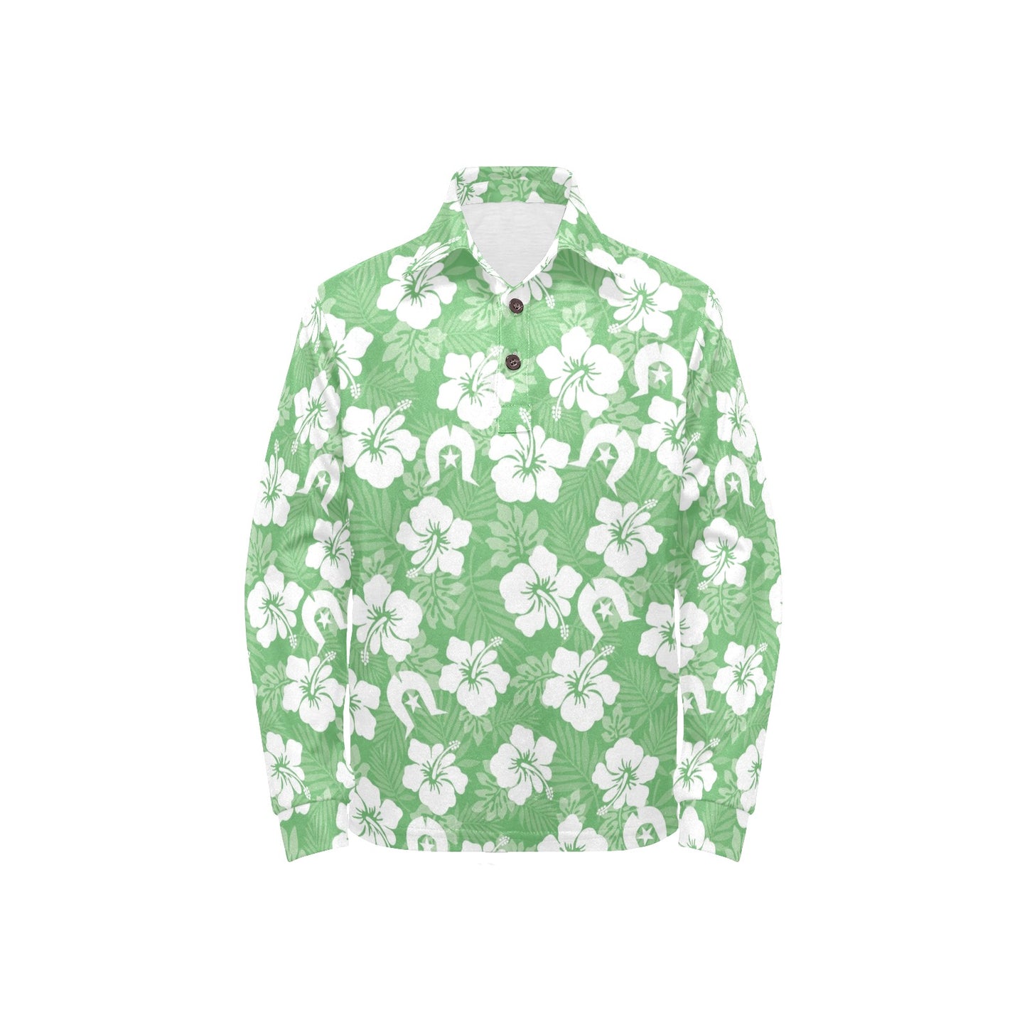 White Hibiscus and Dhari (Green) on Big Girls' Long Sleeve Polo Shirt