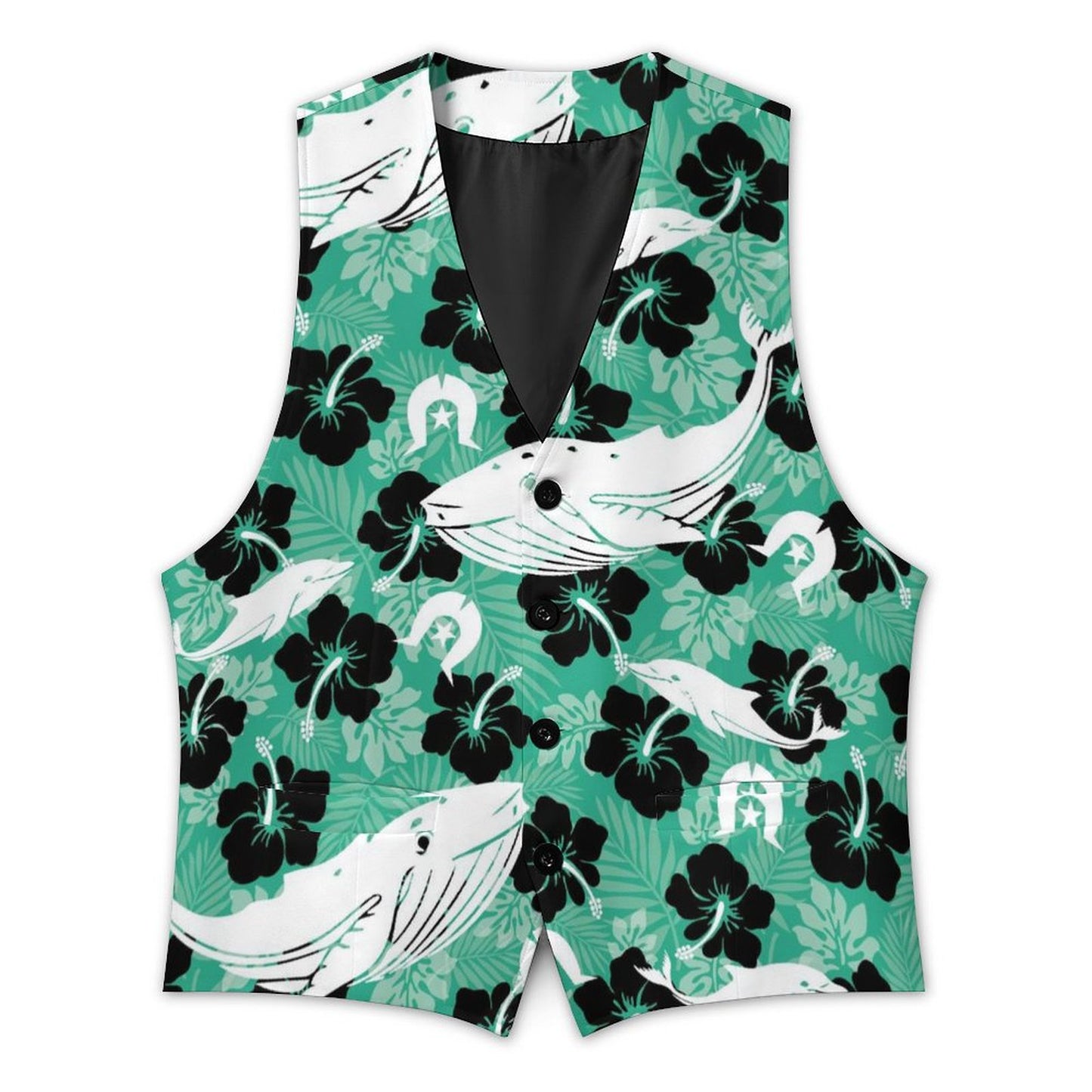 Black Hibiscus with Whale, Dolphin and Dhari on Men's Sleeveless Suit Vest