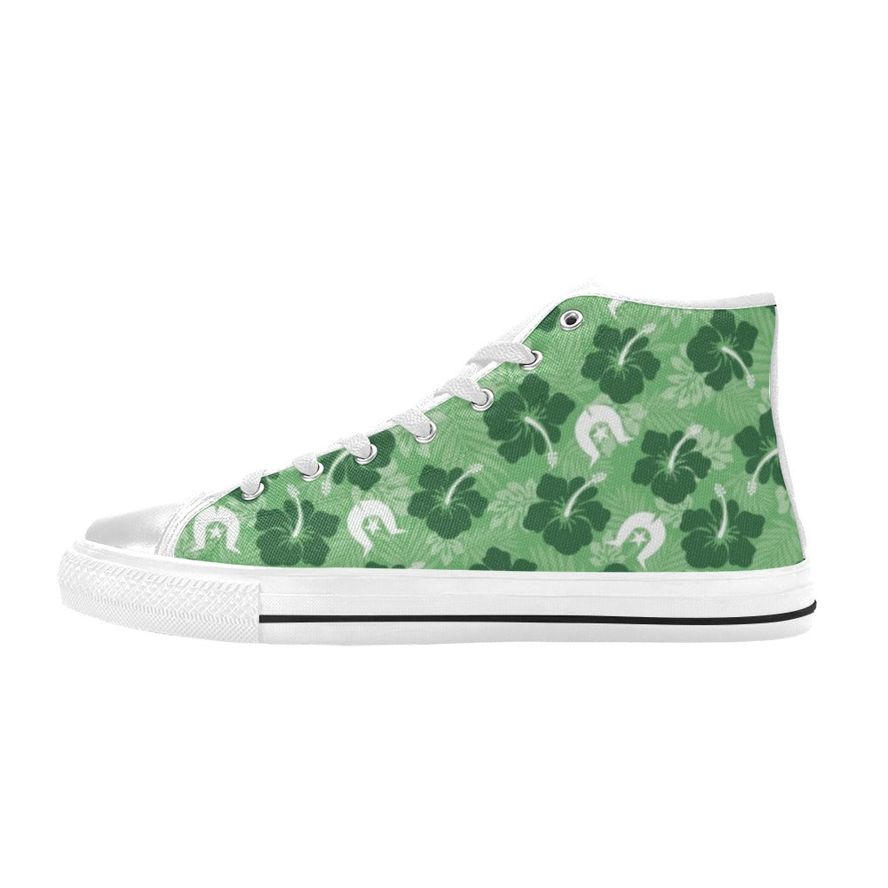 Hibiscus flowers with White Dhari (Sea Grass Green) on Women's High Top Canvas Shoes