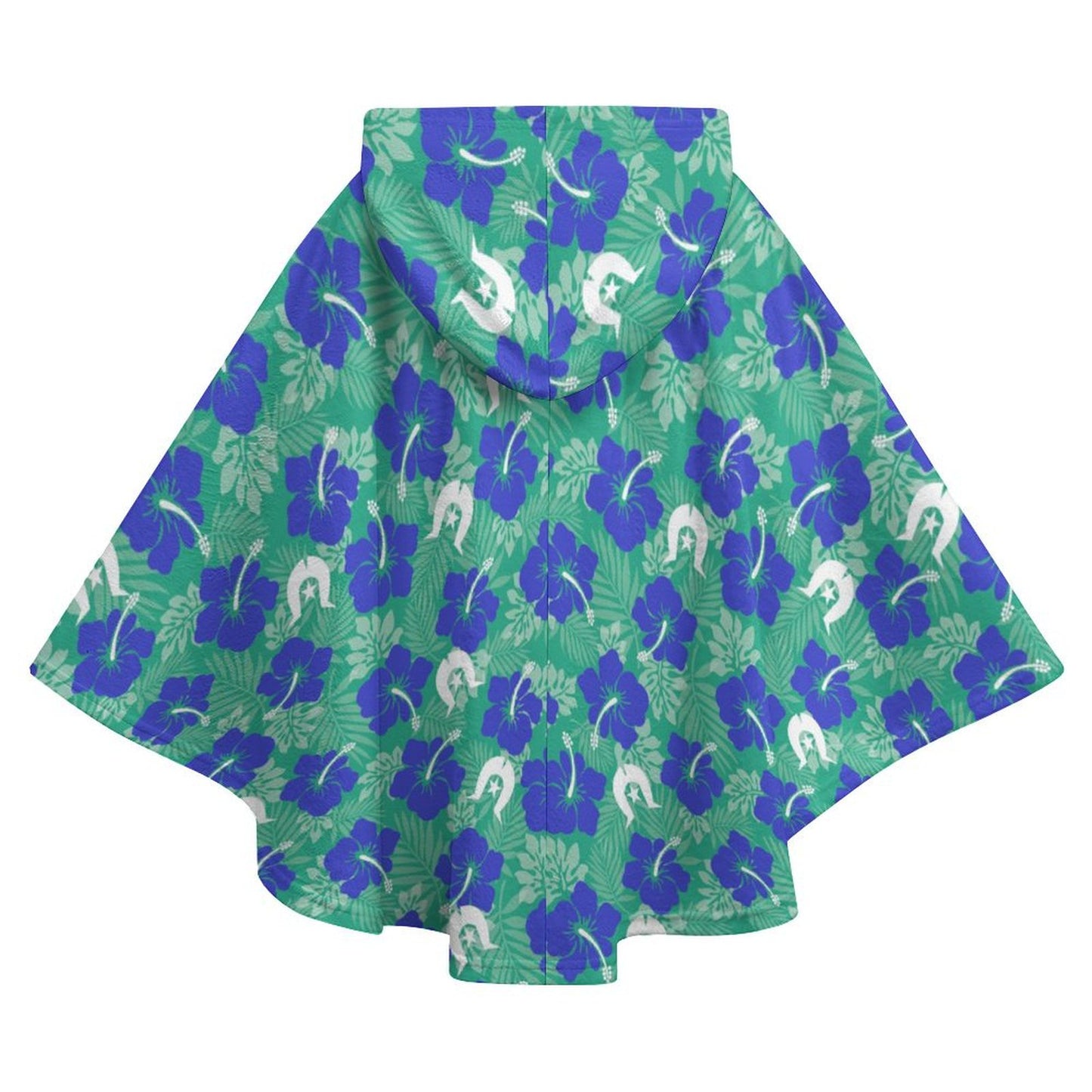 Blue Hibiscus flowers with Dhari on Fleece Hooded Cape for Adults