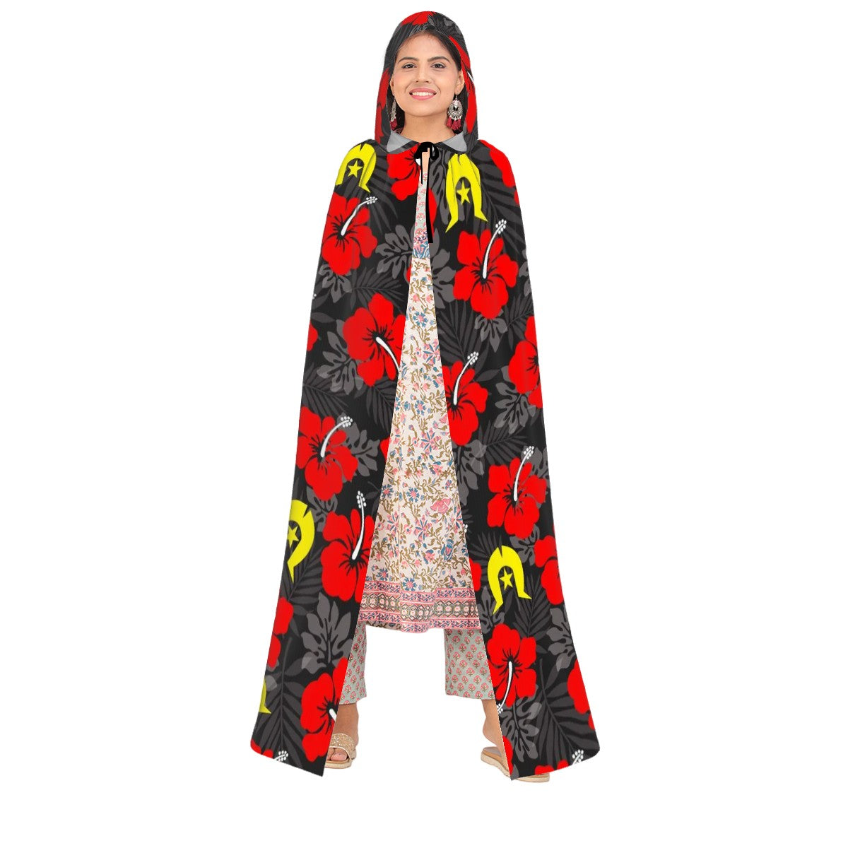 Royal Red Hibiscus with Yellow Dhari on Hooded Cloak