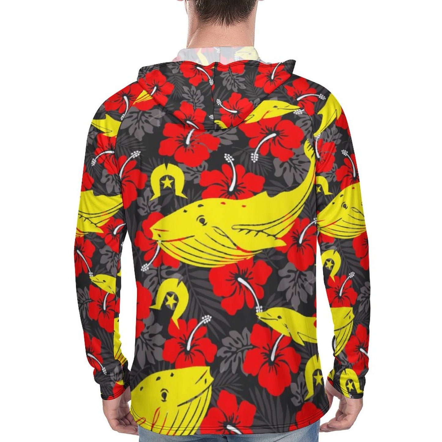 Royal Red Hibiscus with Yellow Dhari, Whale and Dolphin on Men's UPF 40+ Sun Protection Fishing Shirt