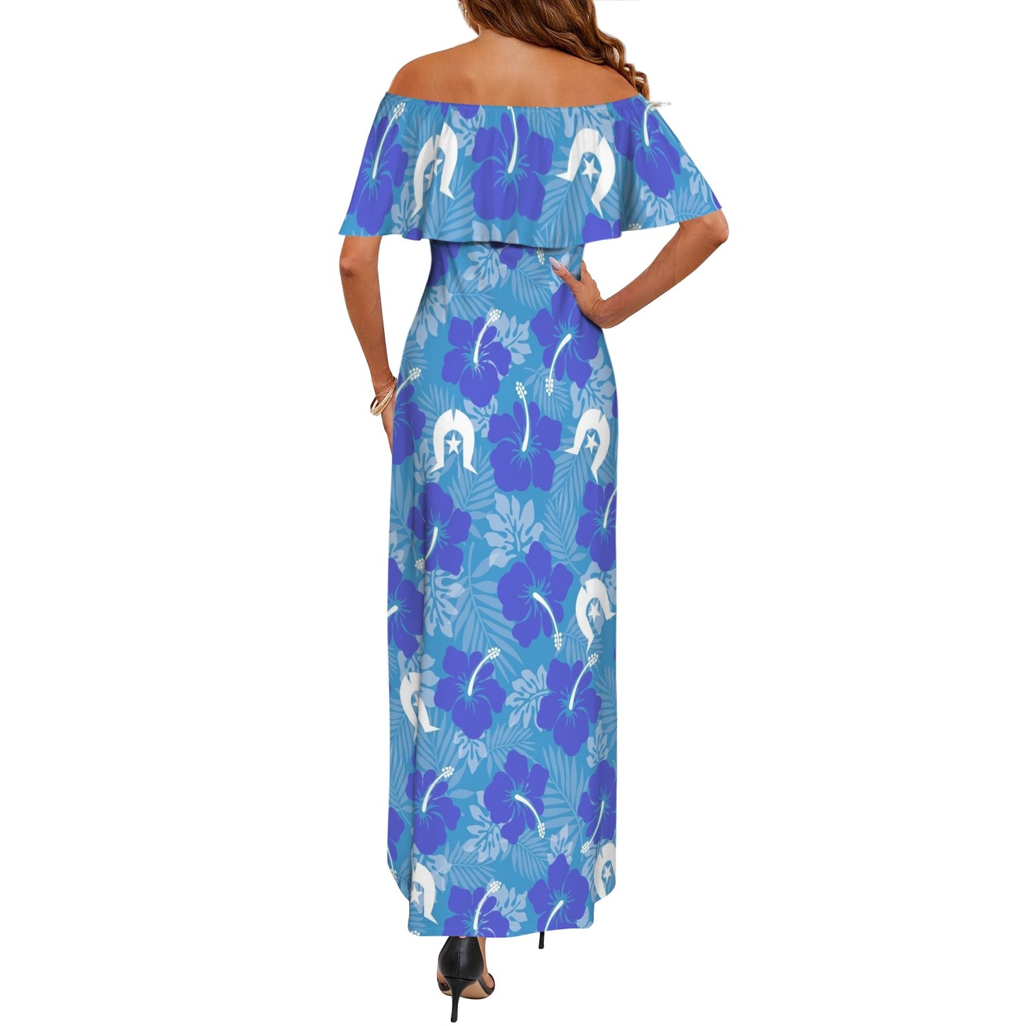 Hibiscus flowers with Dhari (Royal blue) on Women's Off Shoulder Ruffle Boat Neck Dress