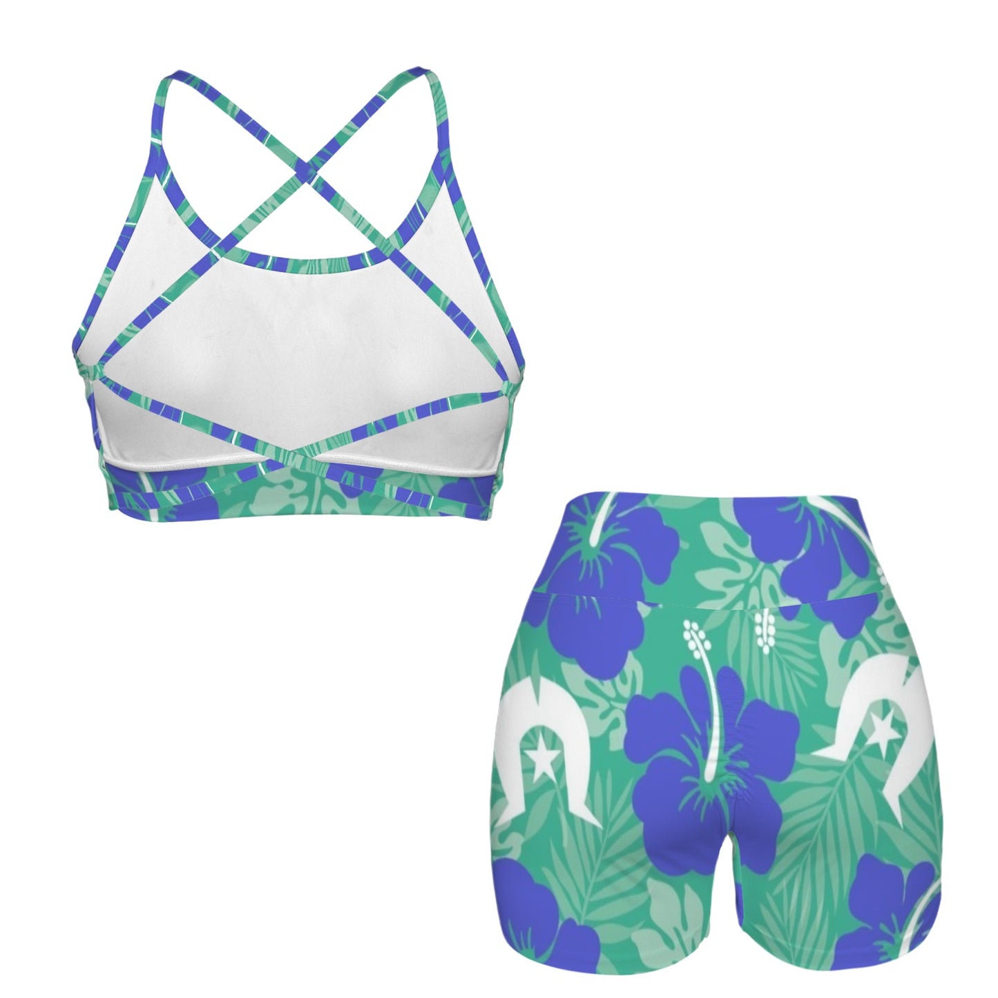 Royal Blue Hibiscus flowers with Dhari on Cross Back String Sports Bra & High Waist Shorts Active Sets