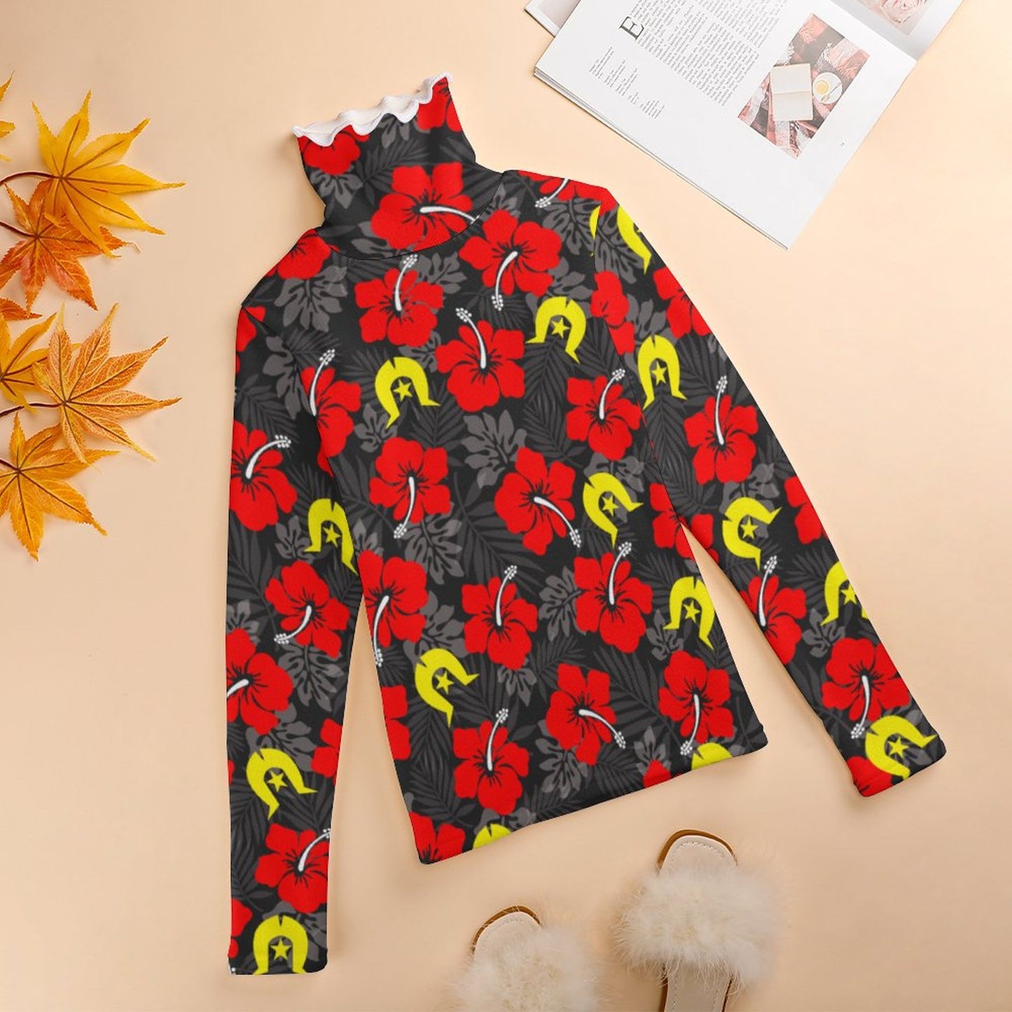 Royal Red Hibiscus with Yellow Dhari on Women Long Sleeve Turtleneck Sweater
