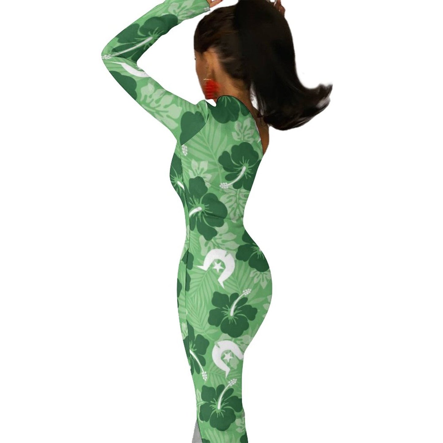 Hibiscus flowers with Dhari (Sea Grass Green) on One Shoulder Split Dress BIQ