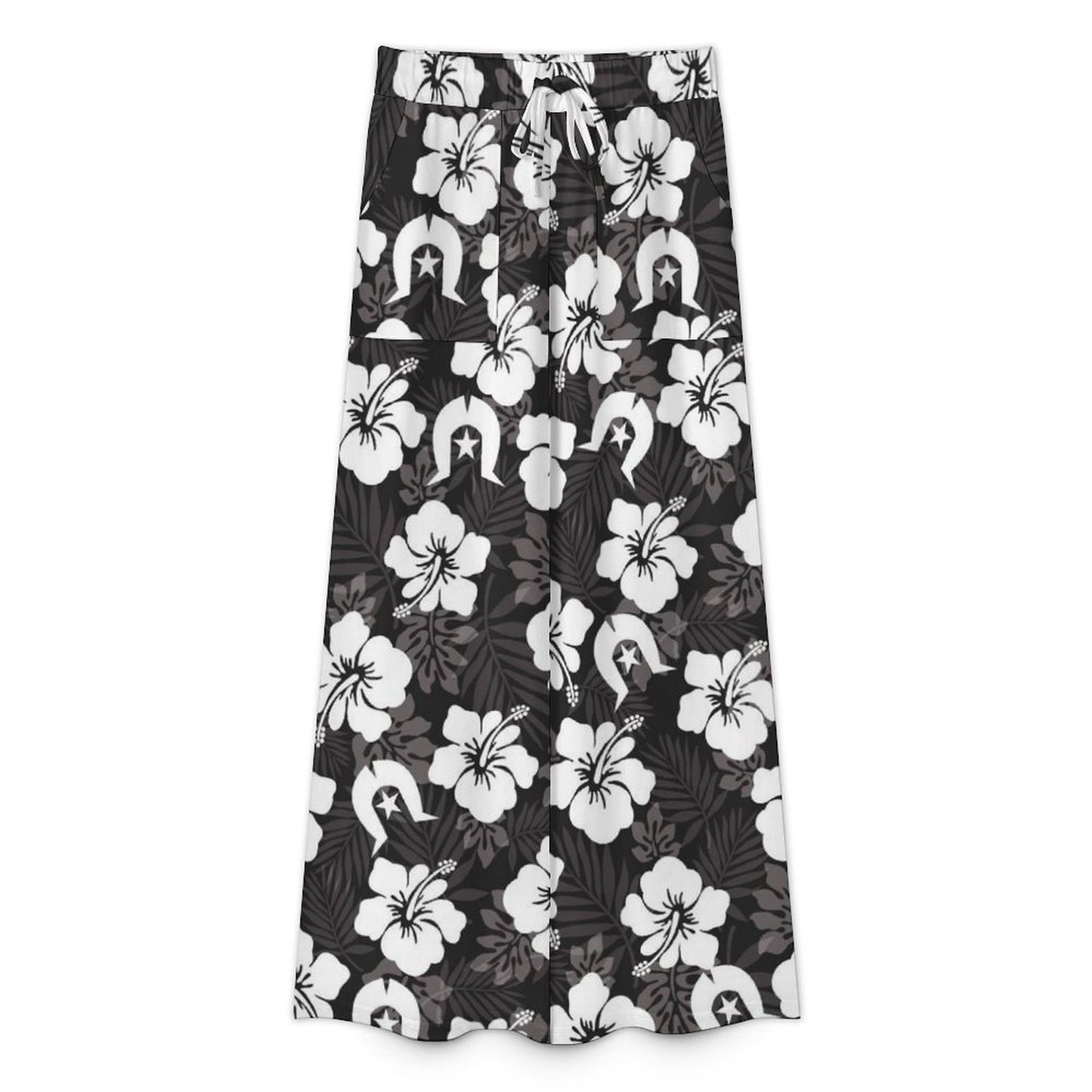 White Hibiscus and Dhari (Black) on Women’s Wide-Leg Pants