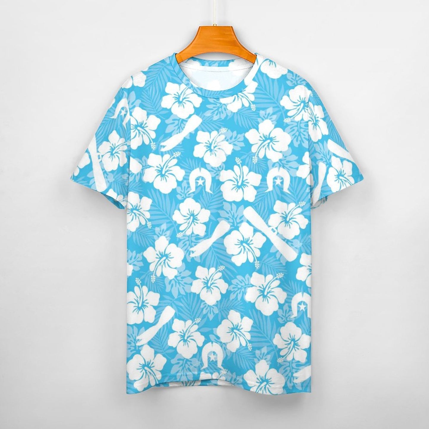 White Hibiscus flowers, Warup and Dhari on Cotton Summer Short Sleeve T-Shirts for Women