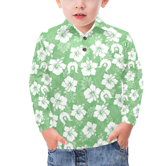 White Hibiscus and Dhari (Green) on Little Boys' Long Sleeve Polo Shirt