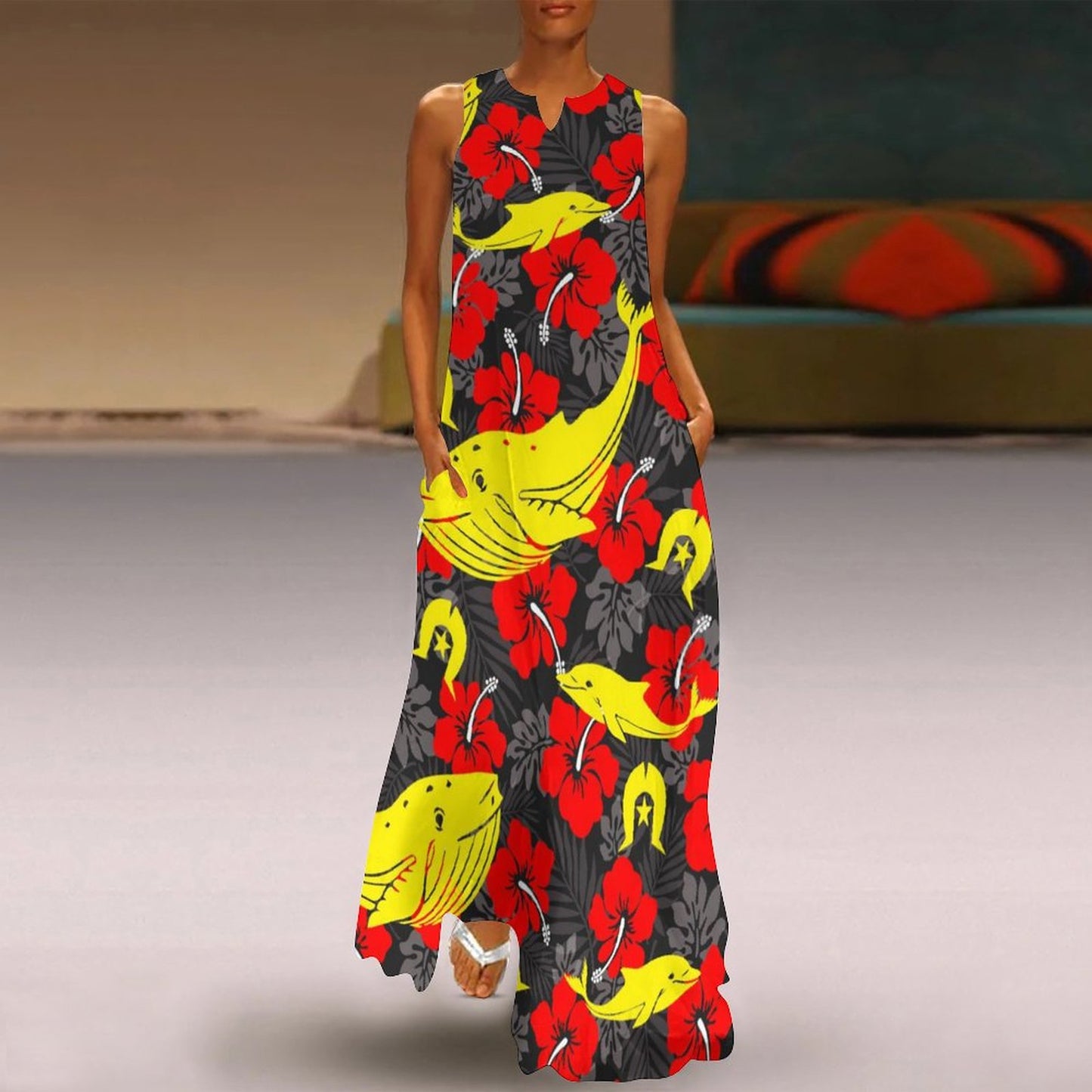 Royal Red Hibiscus with Yellow Dhari, Whale and Dolphin on Sleeveless Ankle-length Dress